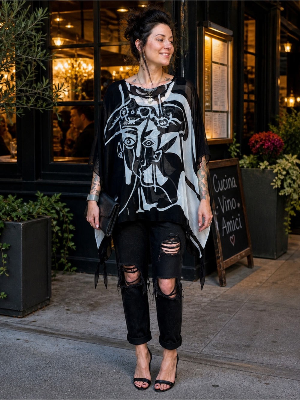 Cocoon House 100% Silk Abstract Face Kaftan Top OS Sheer Art Wear